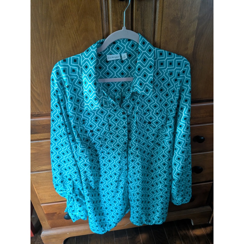 Kim Rogers Woman Teal Geometric Diamond Print Button Down Blouse Plus 3X